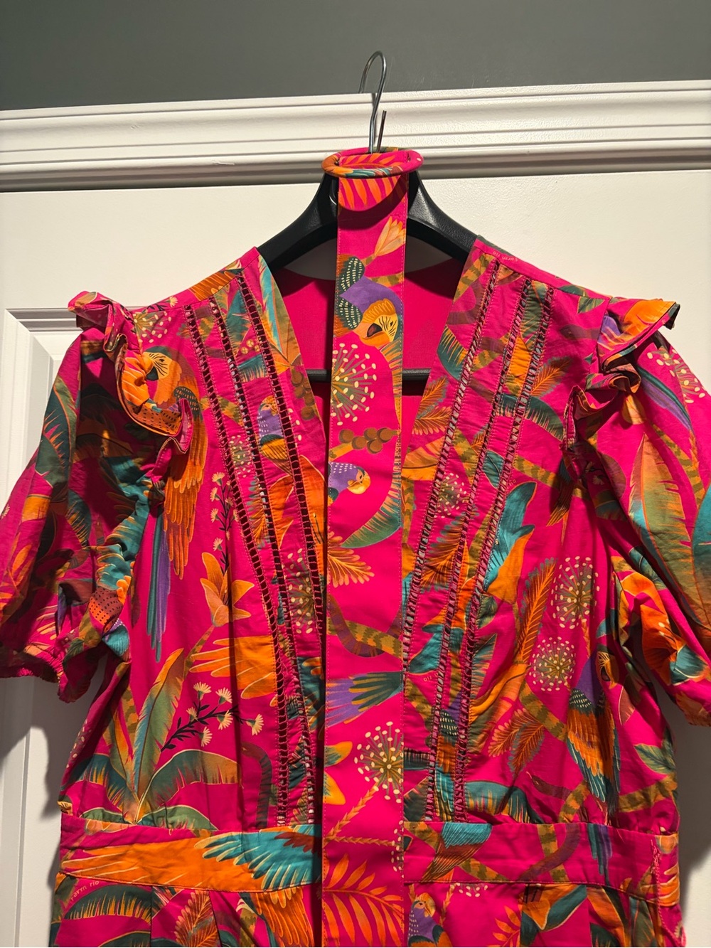 FARM RIO Bright Pink Tropical-Print One-Piece Romper with Belt - Picture 5 of 6